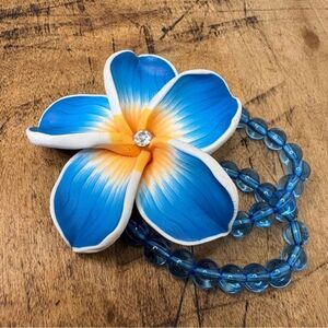 Vibrant Blue Orange Hawaiian Plumeria Flower Bracelet or Hair Piece Beach Artsy